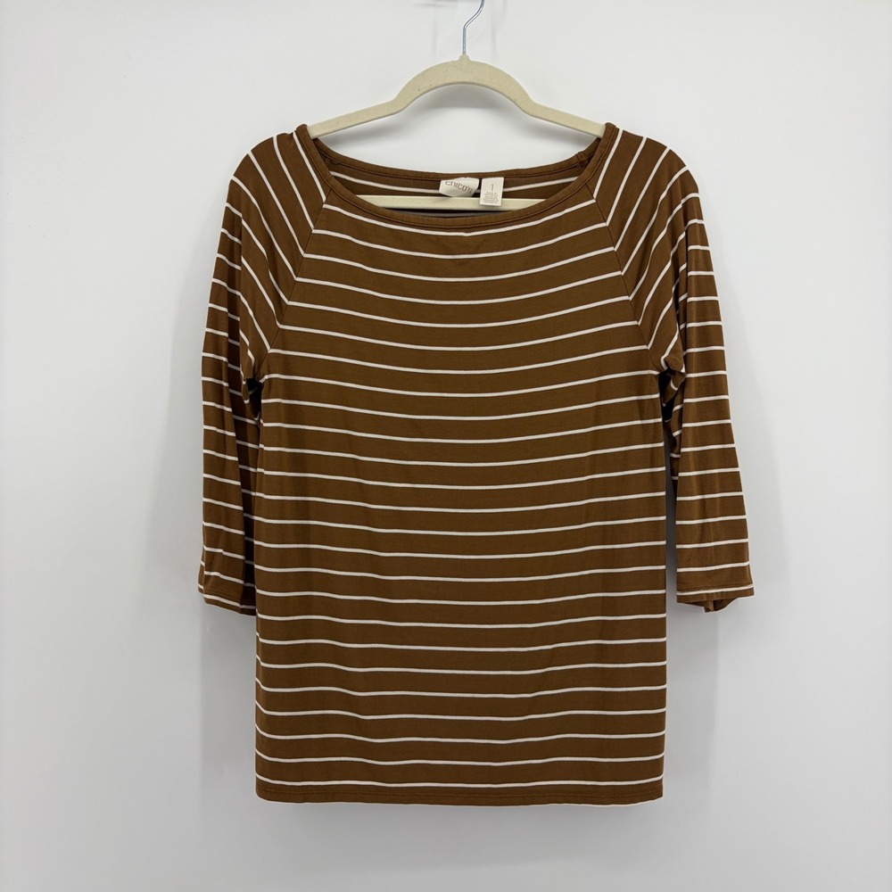 Chico's Womens 1 / US M Brown Striped Boat Neck 3/4 Raglan Sleeve Top